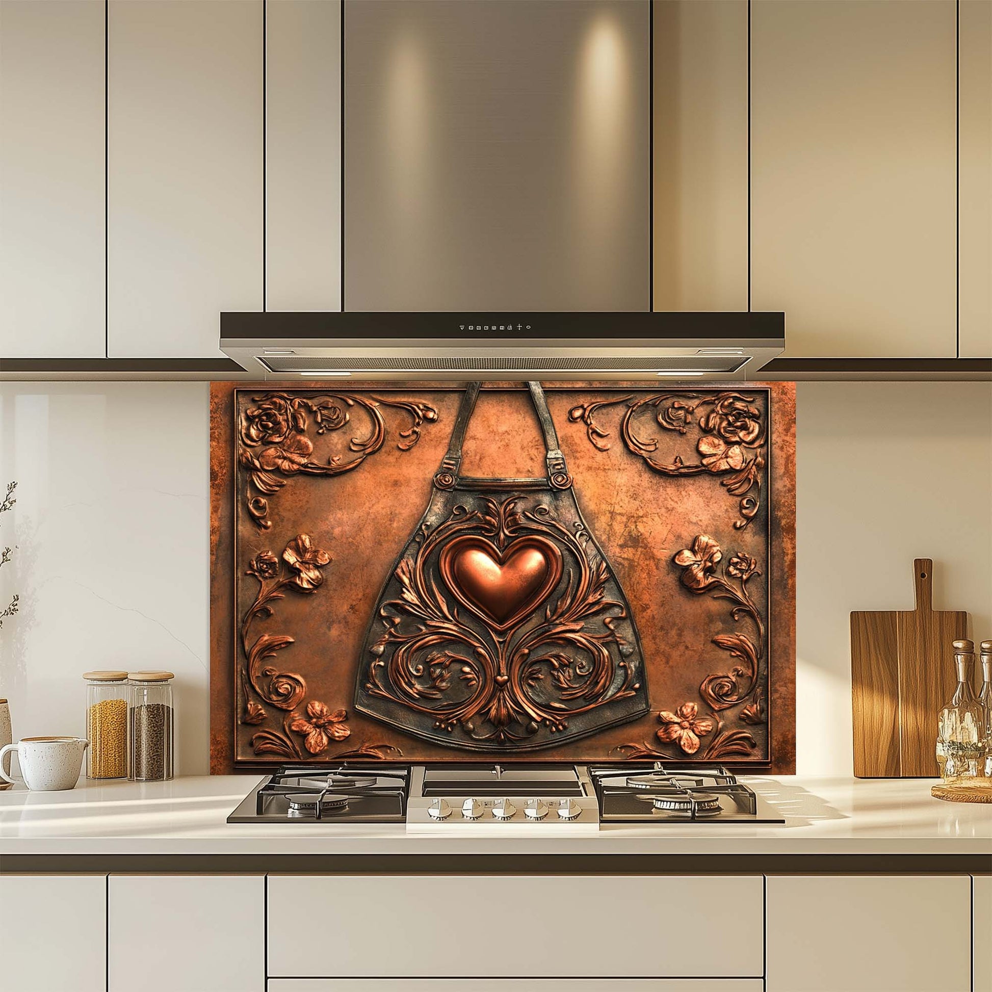 Decorative copper look glass backsplash with heart design in a kitchen setting