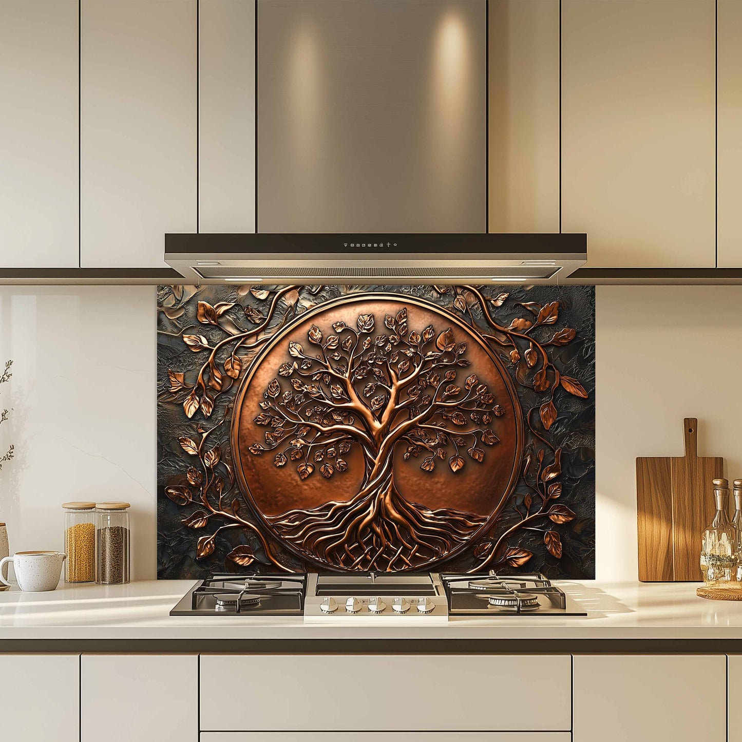 Decorative backsplash with tree design above a kitchen stove