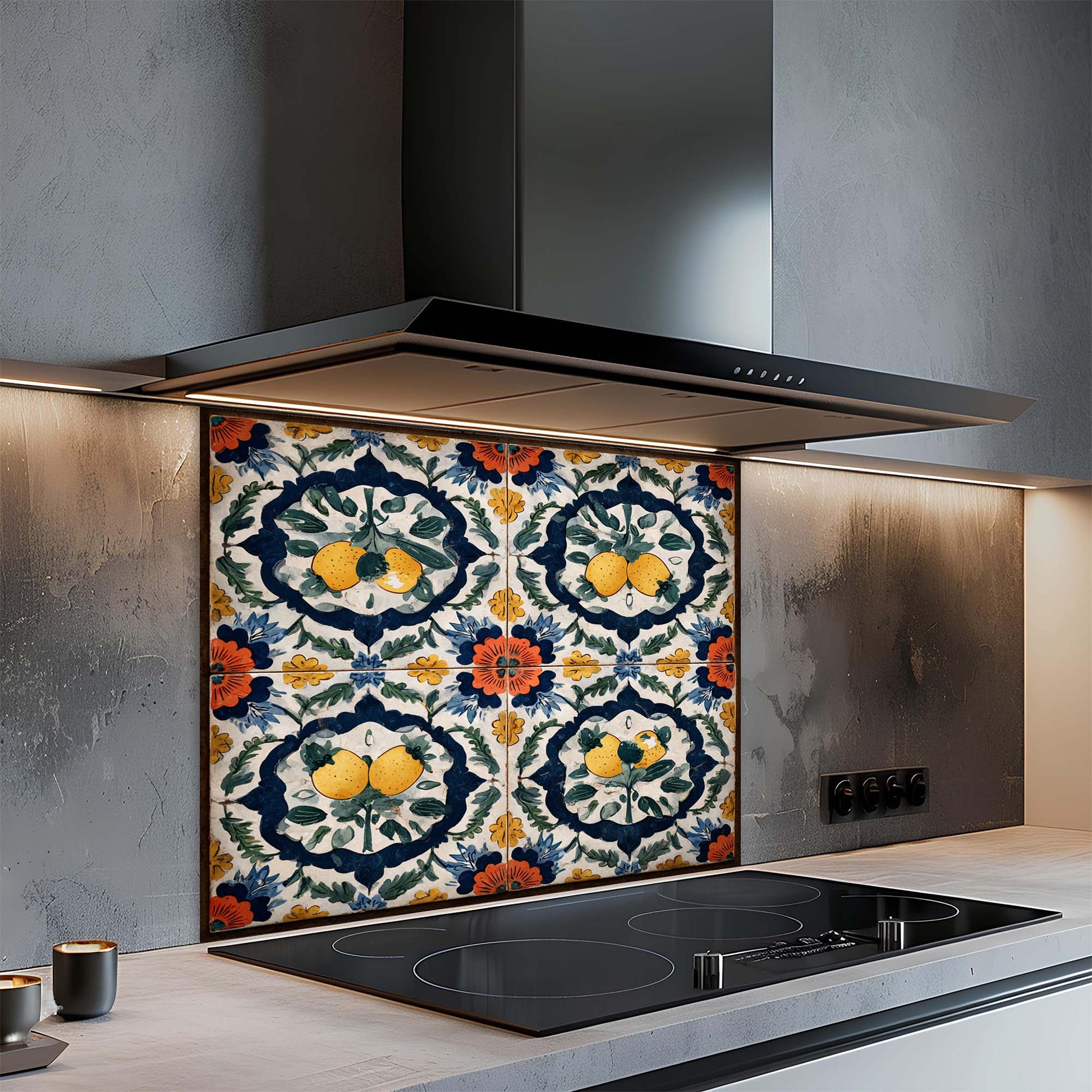 Modern kitchen with a decorative backsplash featuring floral patterns.