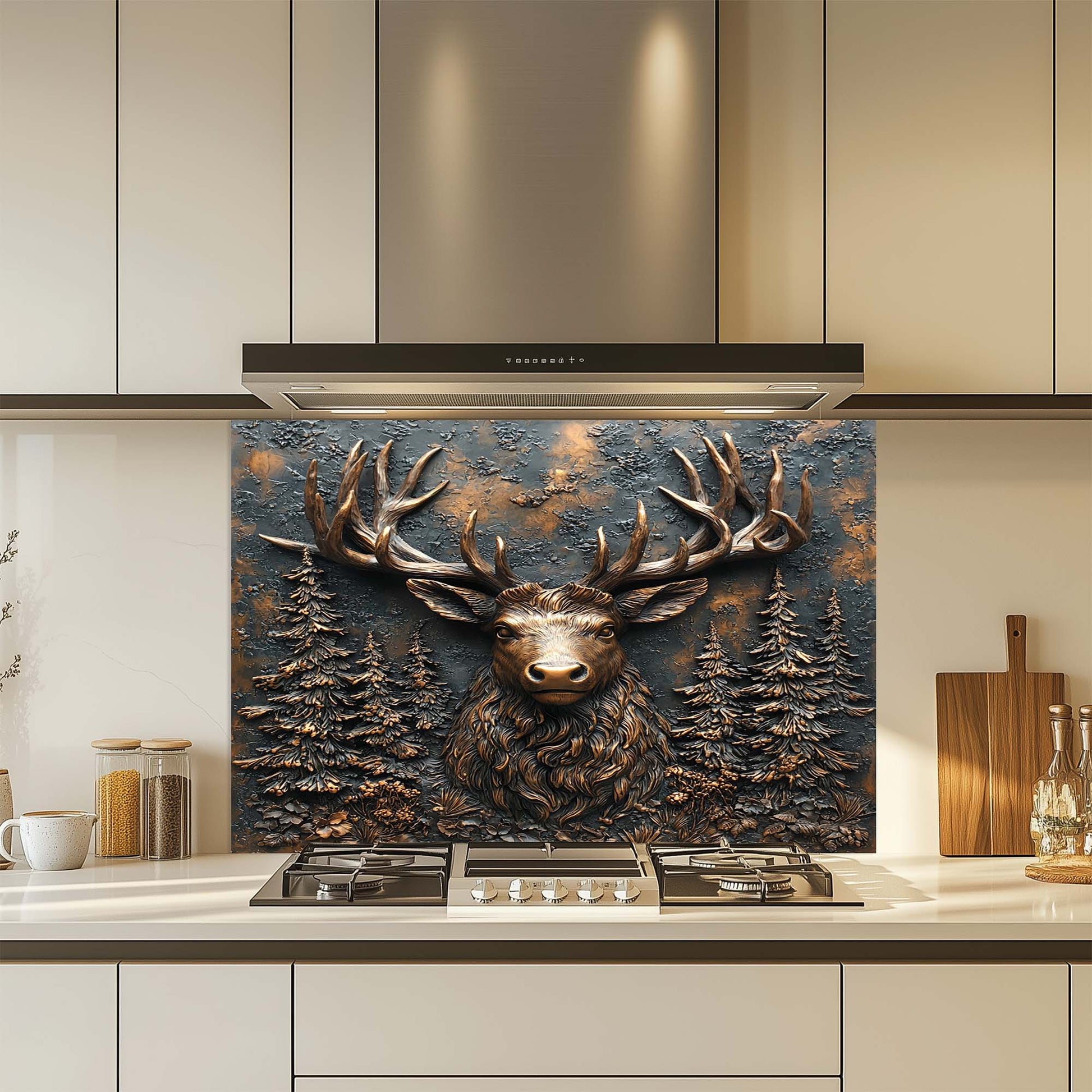 Decorative glass backsplash with deer design in a kitchen setting