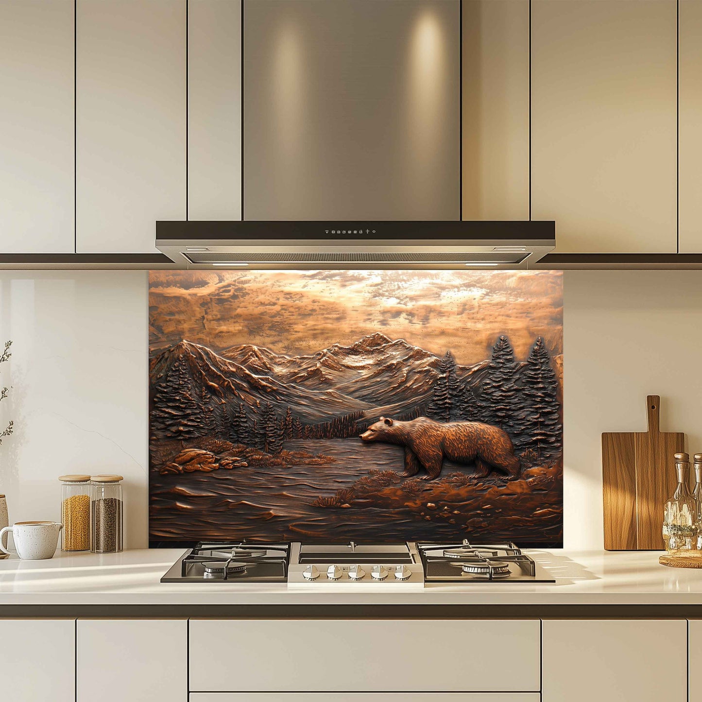 Kitchen with a decorative glass splashback featuring a bear and mountain scene.