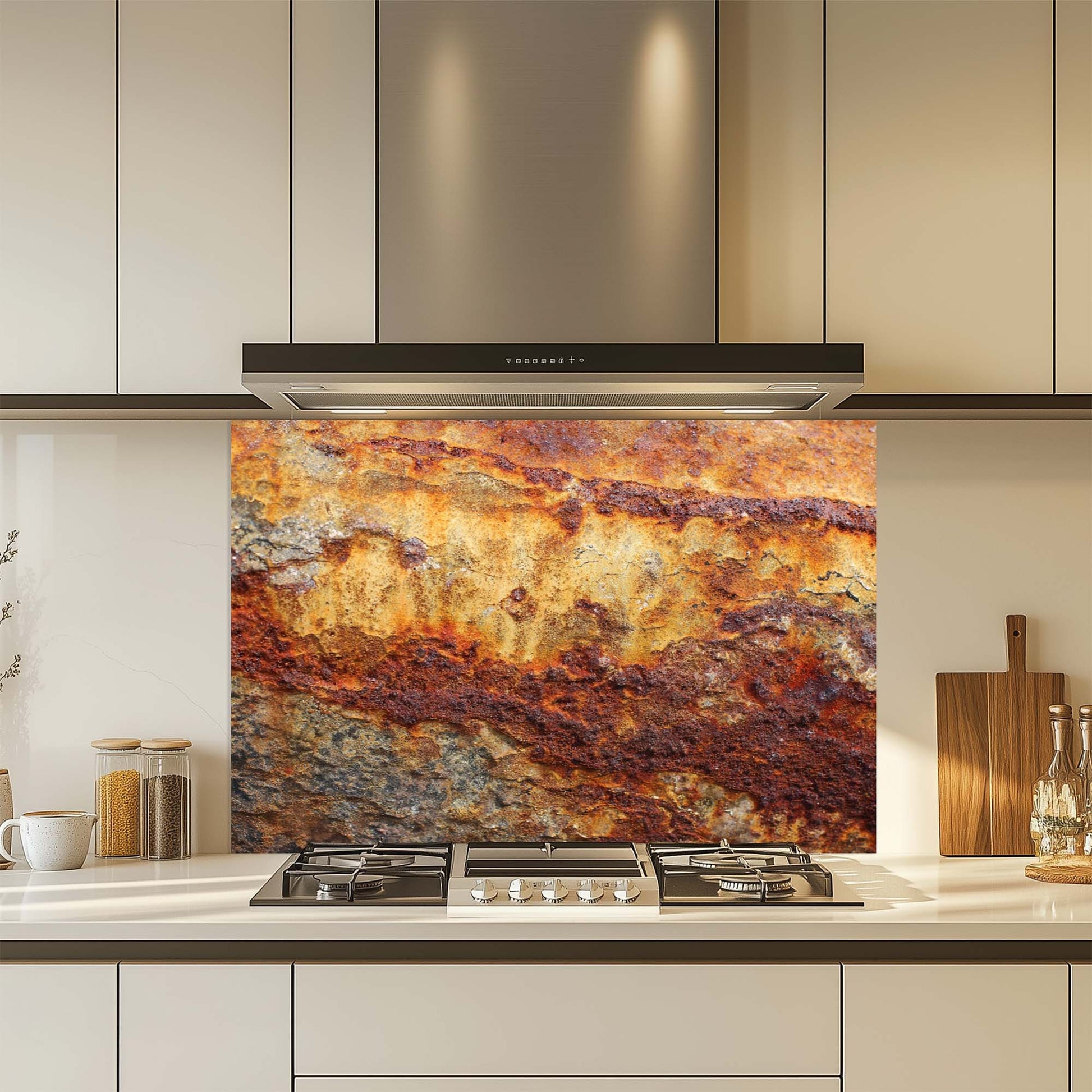 Kitchen with a decorative glass backsplash featuring a rusted metal design.
