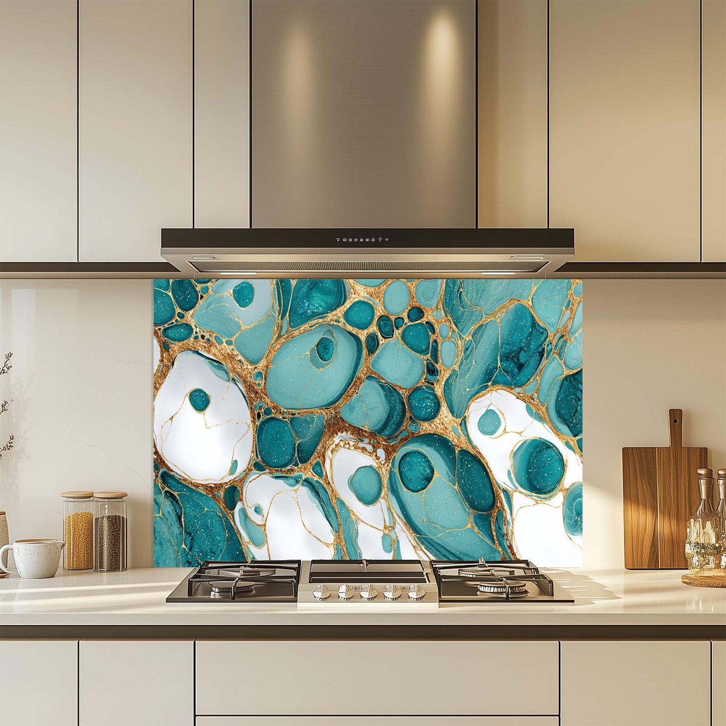 Kitchen with a decorative glass splashback featuring teal and gold abstract design.