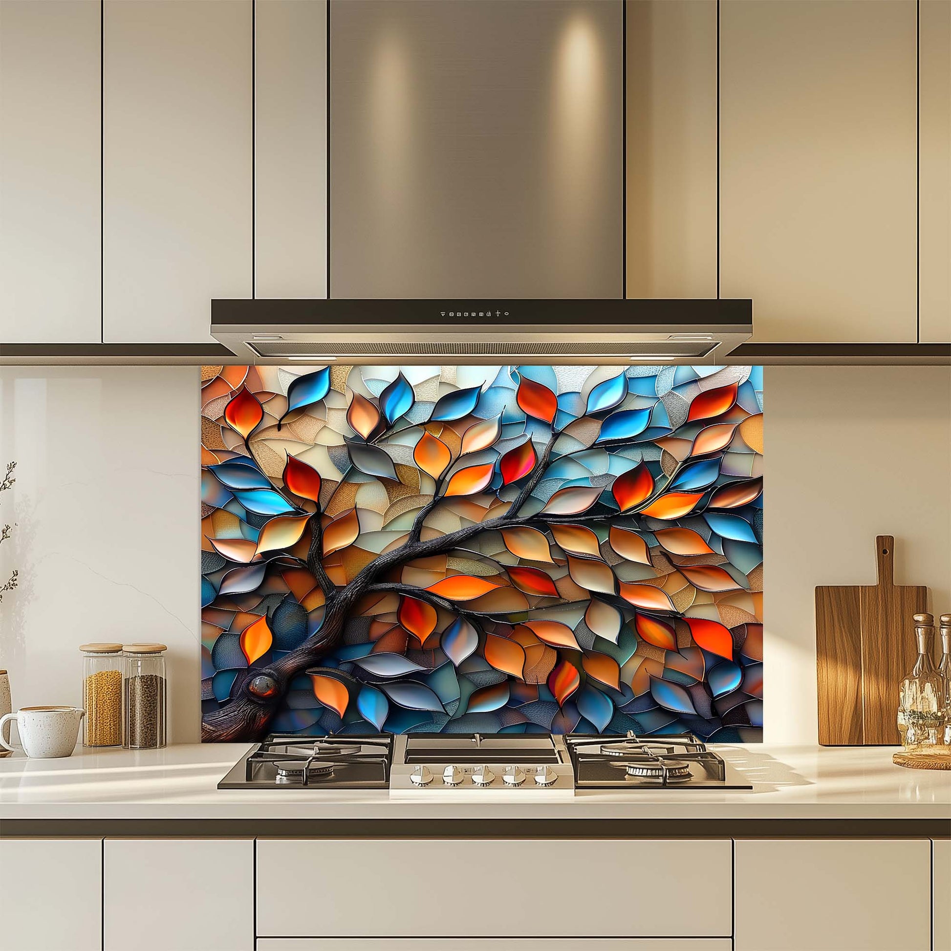Colorful glass splashback in a kitchen setting