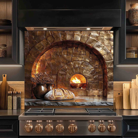 Stainless steel stove with stone look design tempered glass backsplash