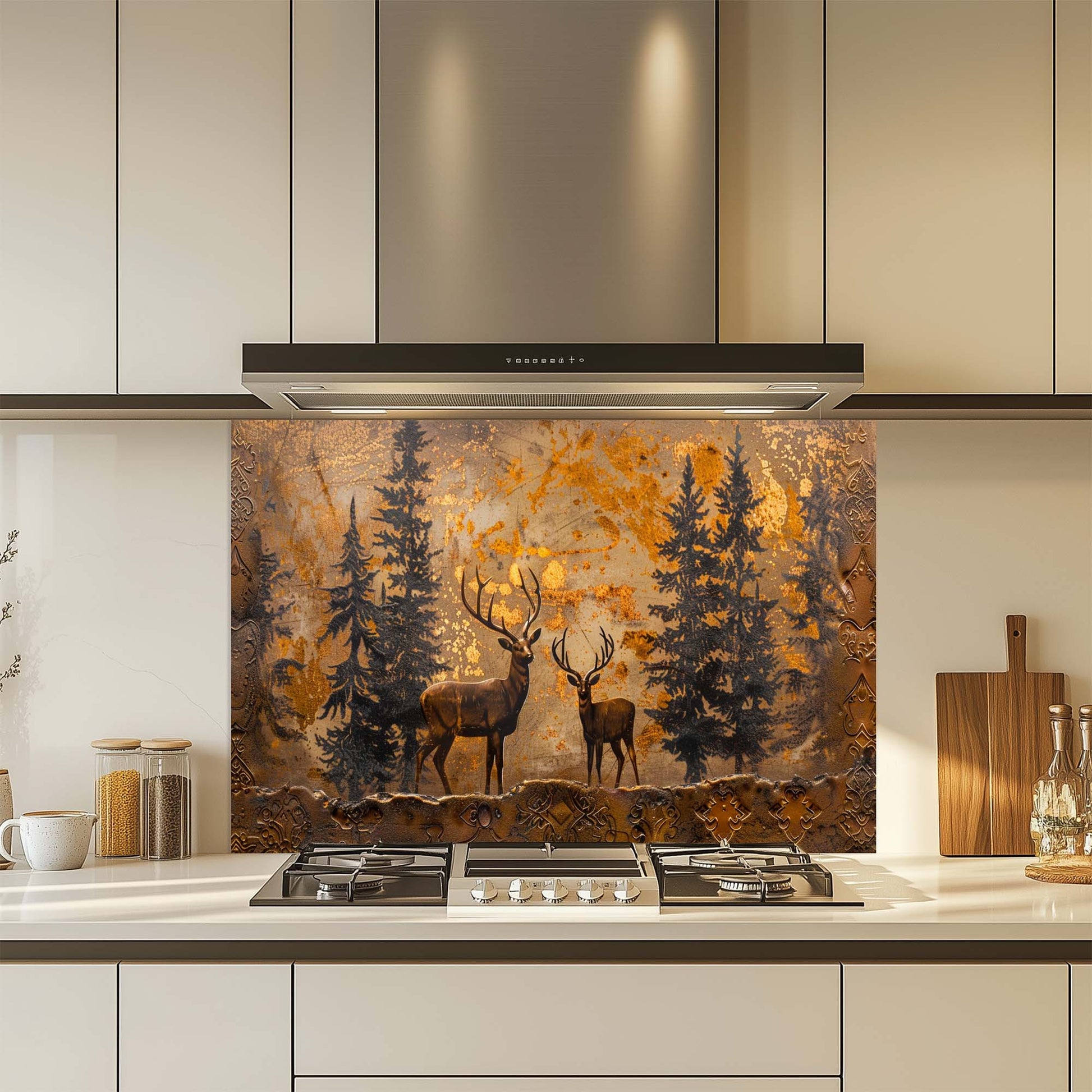 Kitchen with a decorative glass splashback featuring deer and trees