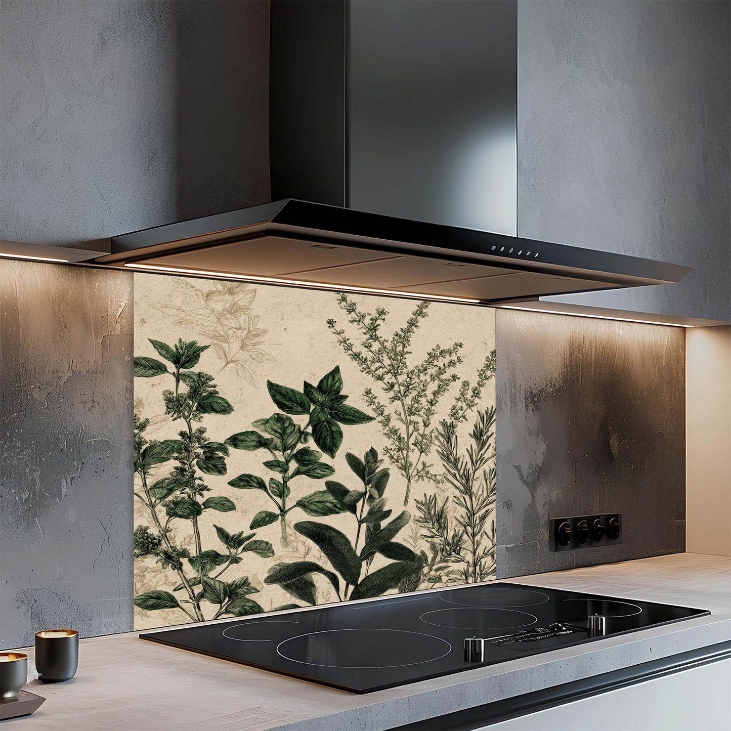 Modern kitchen with a glass splashback featuring green leafy patterns.