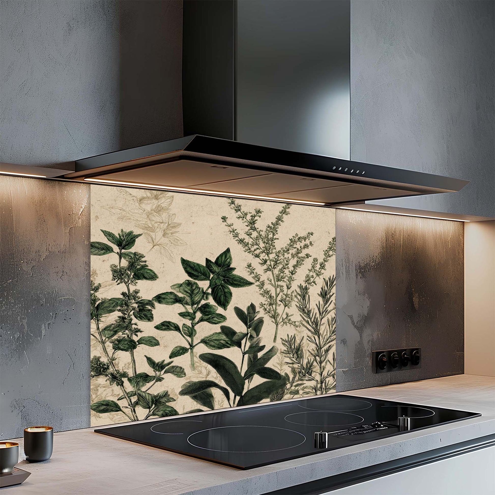 Modern kitchen with a glass splashback featuring green leafy patterns.