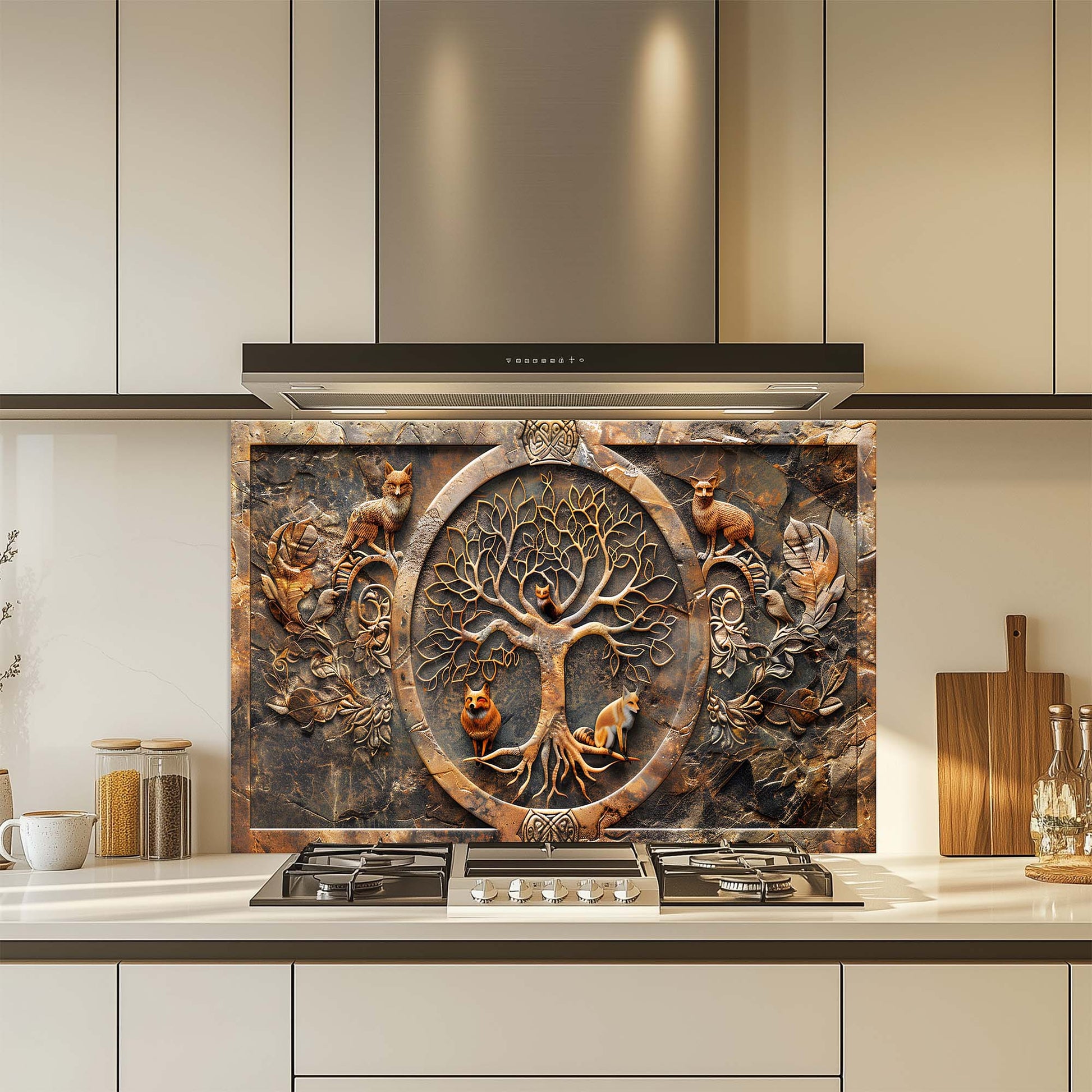 Decorative kitchen backsplash with tree of life design and animals in a modern kitchen.