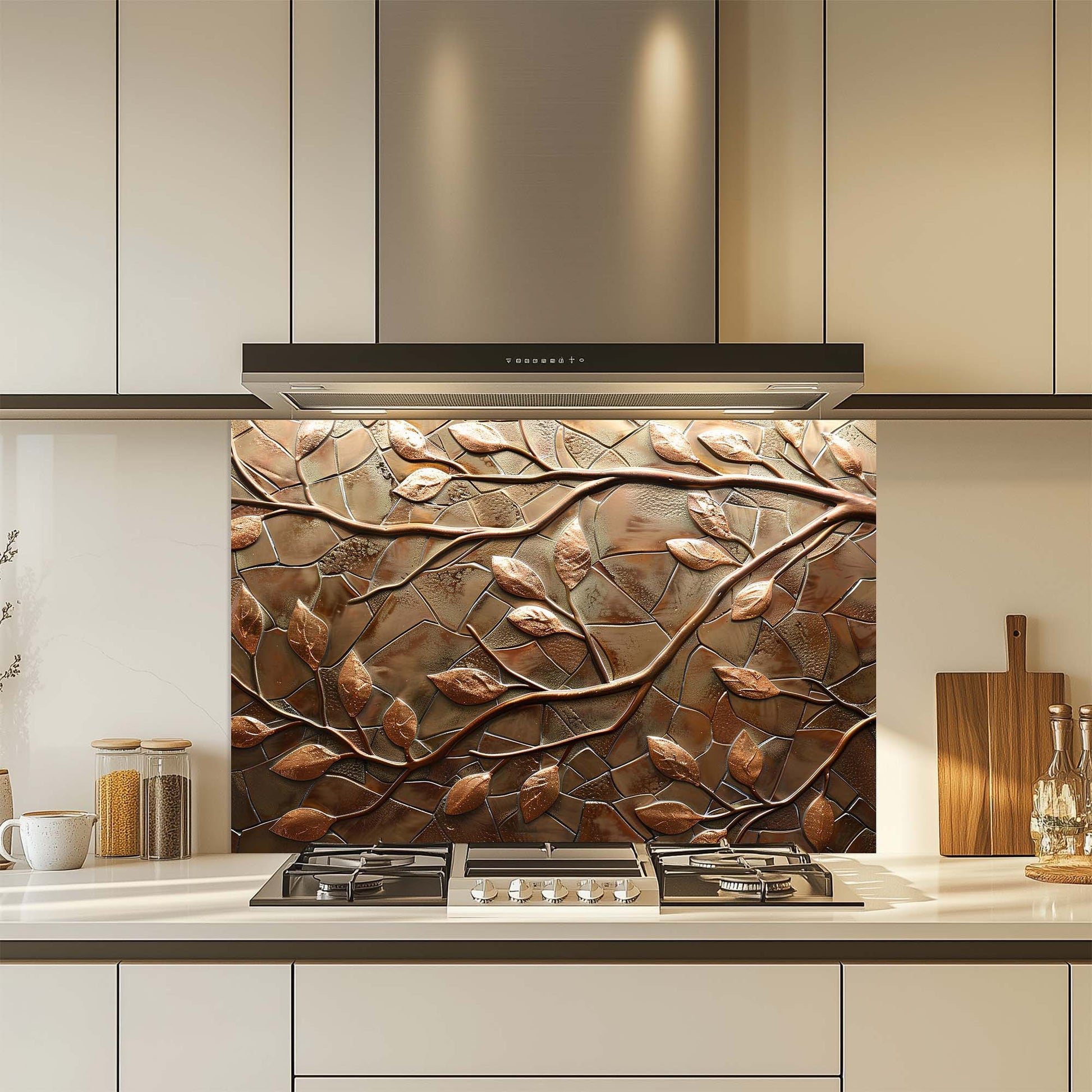 Kitchen with decorative copper leaf glass backsplash