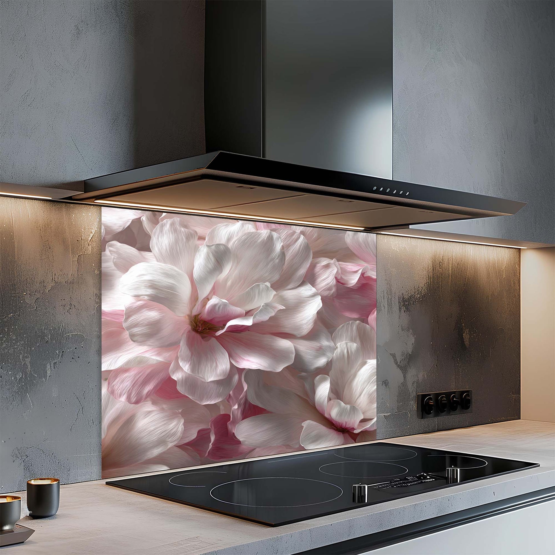 Modern kitchen with a floral design glass splashback behind a stove.
