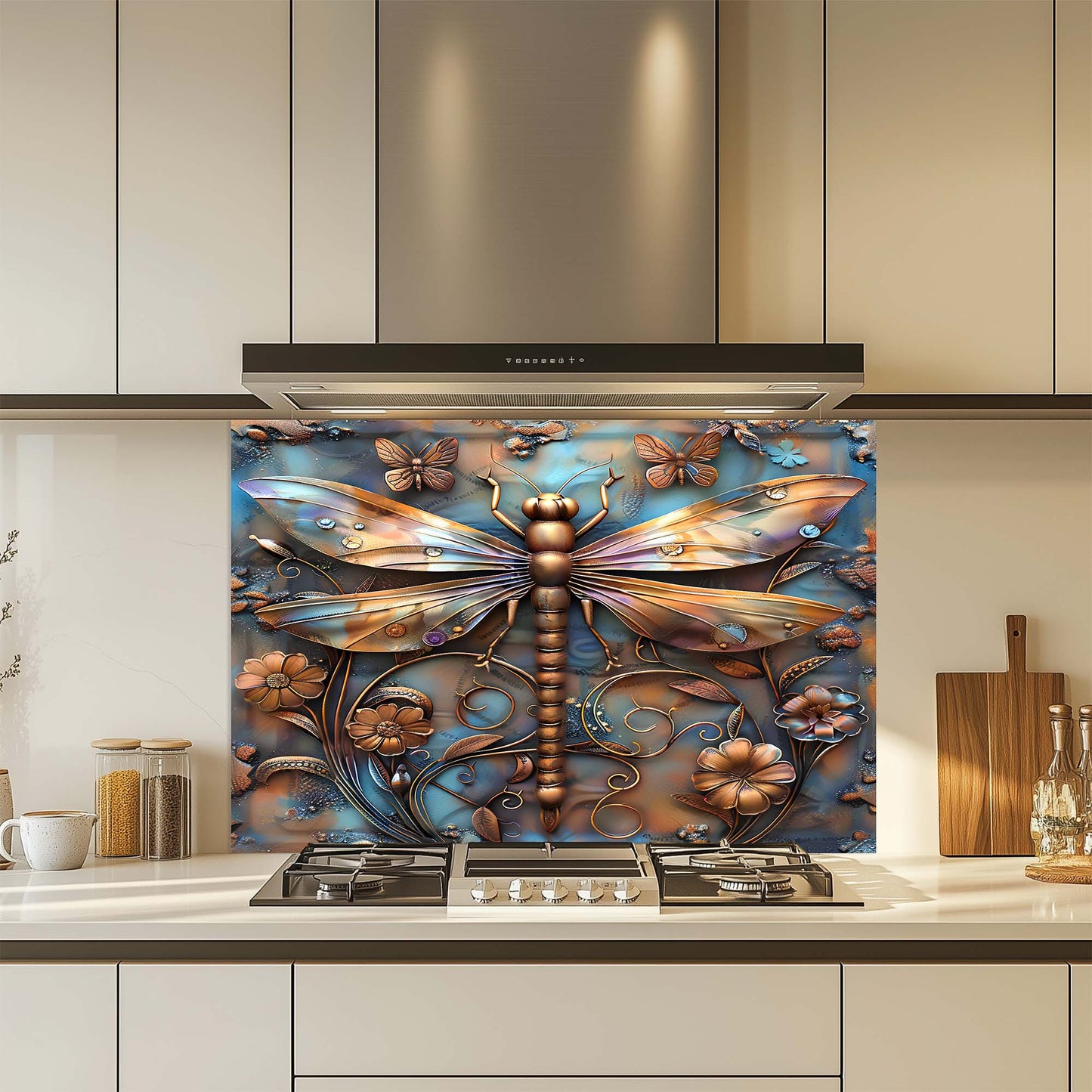 Decorative glass splashback with a dragonfly design in a kitchen setting