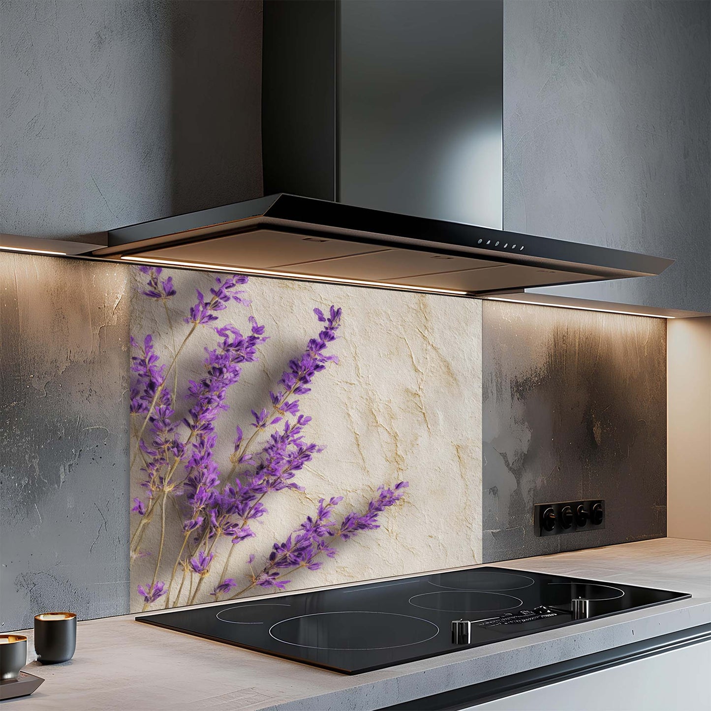 Modern kitchen with a decorative glass backsplash featuring purple flowers and a sleek stove.