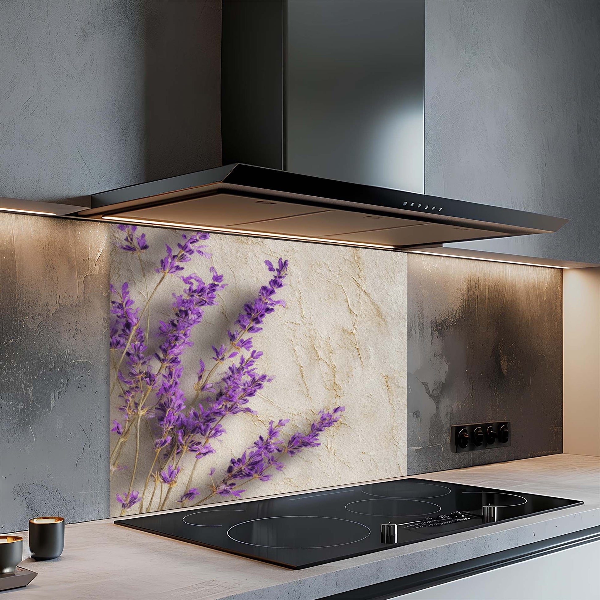 Modern kitchen with a decorative glass backsplash featuring purple flowers and a sleek stove.