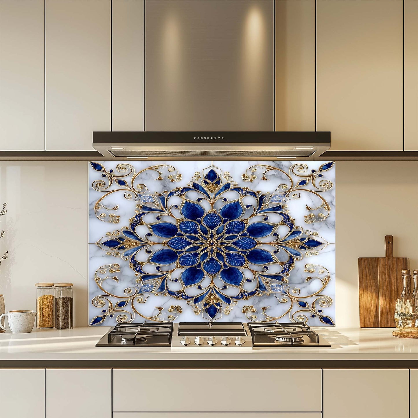Decorative kitchen backsplash with blue and gold floral design above a stove.