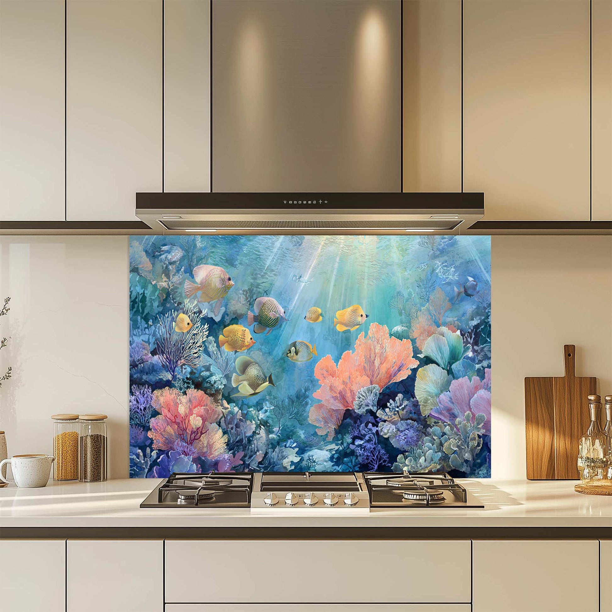 Kitchen with a colorful fish and coral glass splashback panel.