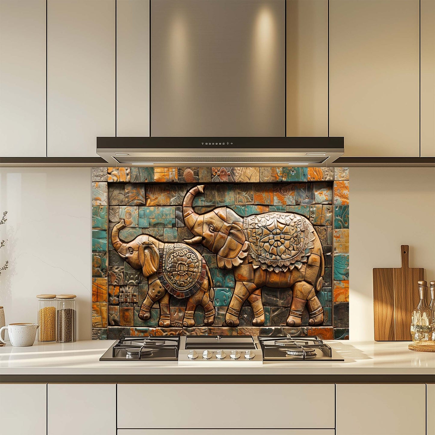 Decorative glass backsplash with elephant design in a kitchen setting