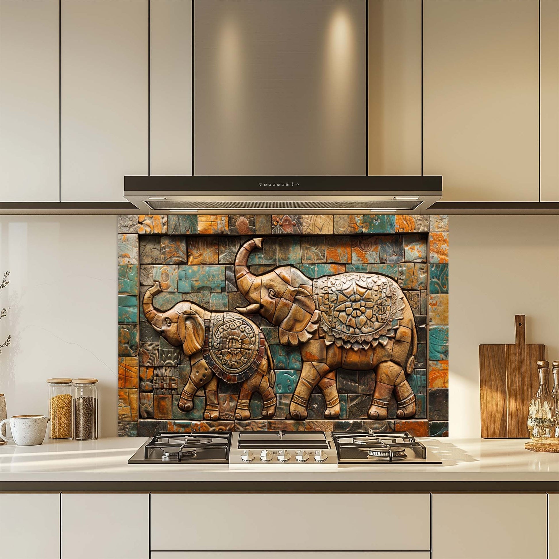 Decorative glass backsplash with elephant design in a kitchen setting