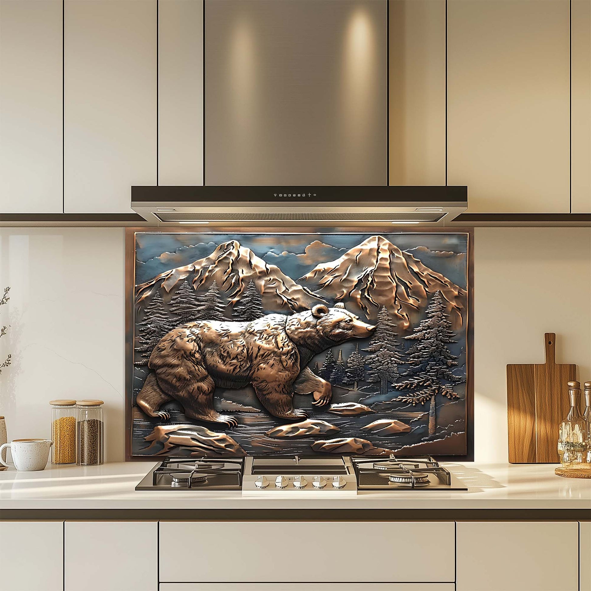 Decorative glass backsplash of a bear and mountains above a stove in a kitchen.