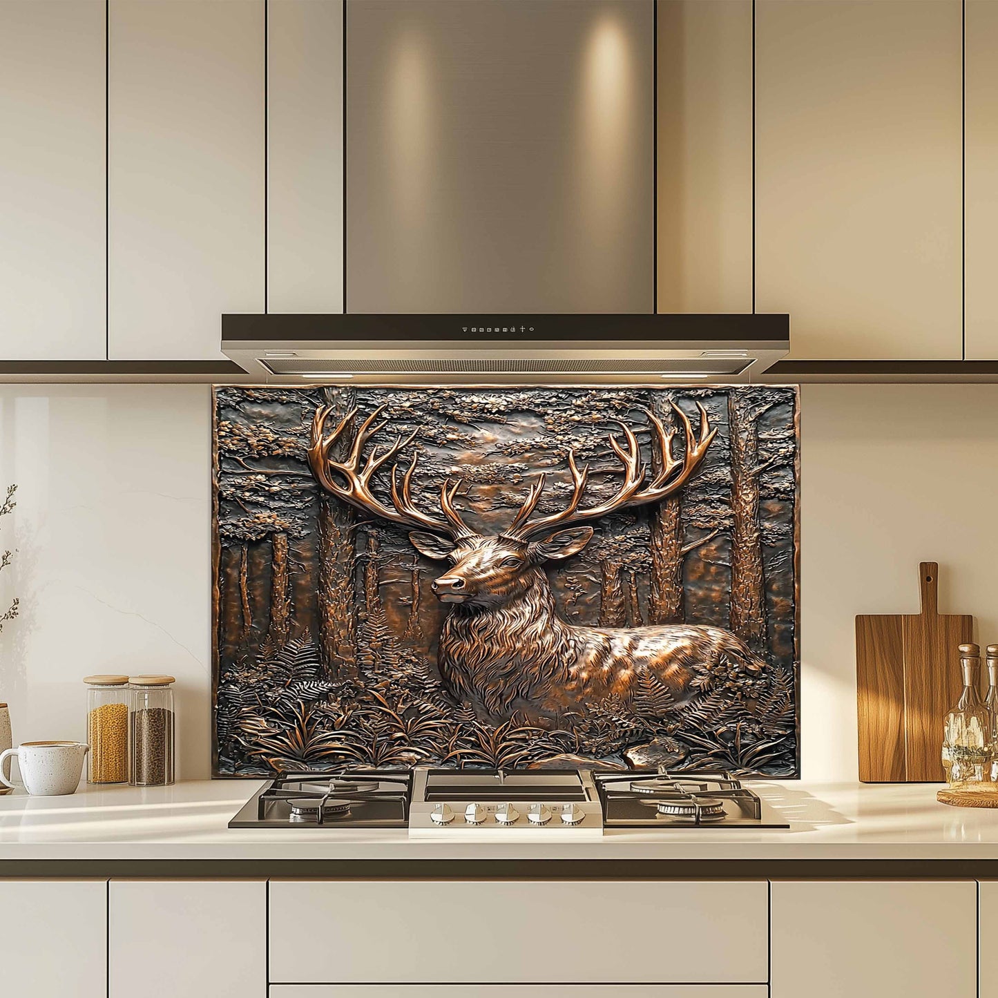 Decorative kitchen backsplash with a deer design above a kitchen stove.
