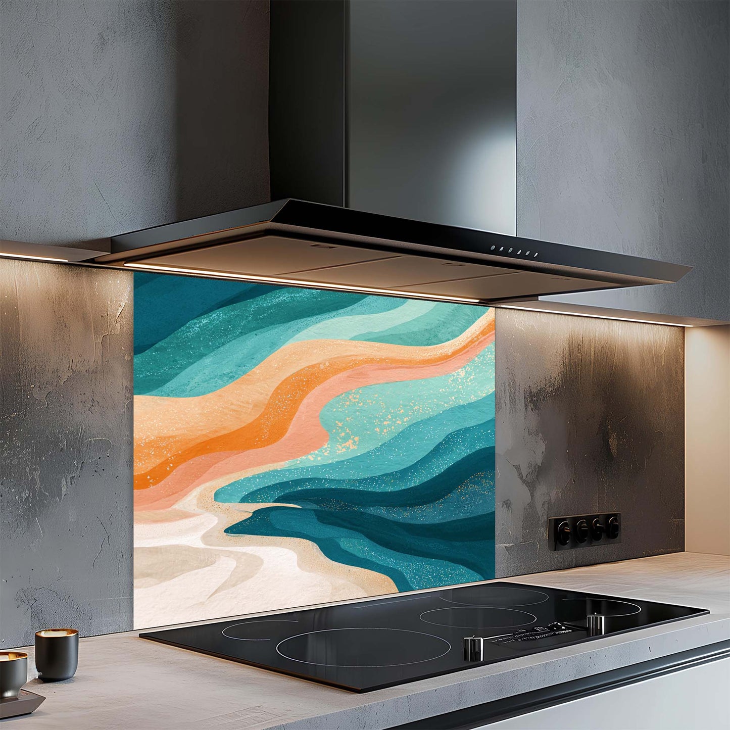 Modern kitchen with a glass splashback featuring abstract wave design.