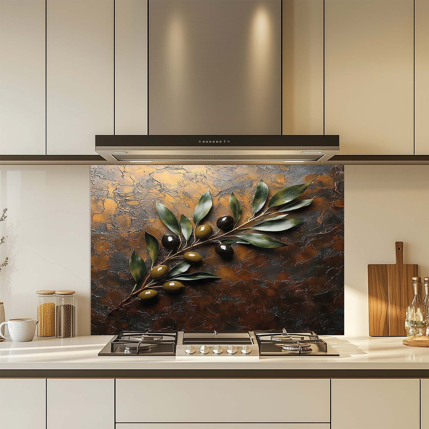 Kitchen with decorative backsplash featuring olive branch and olives