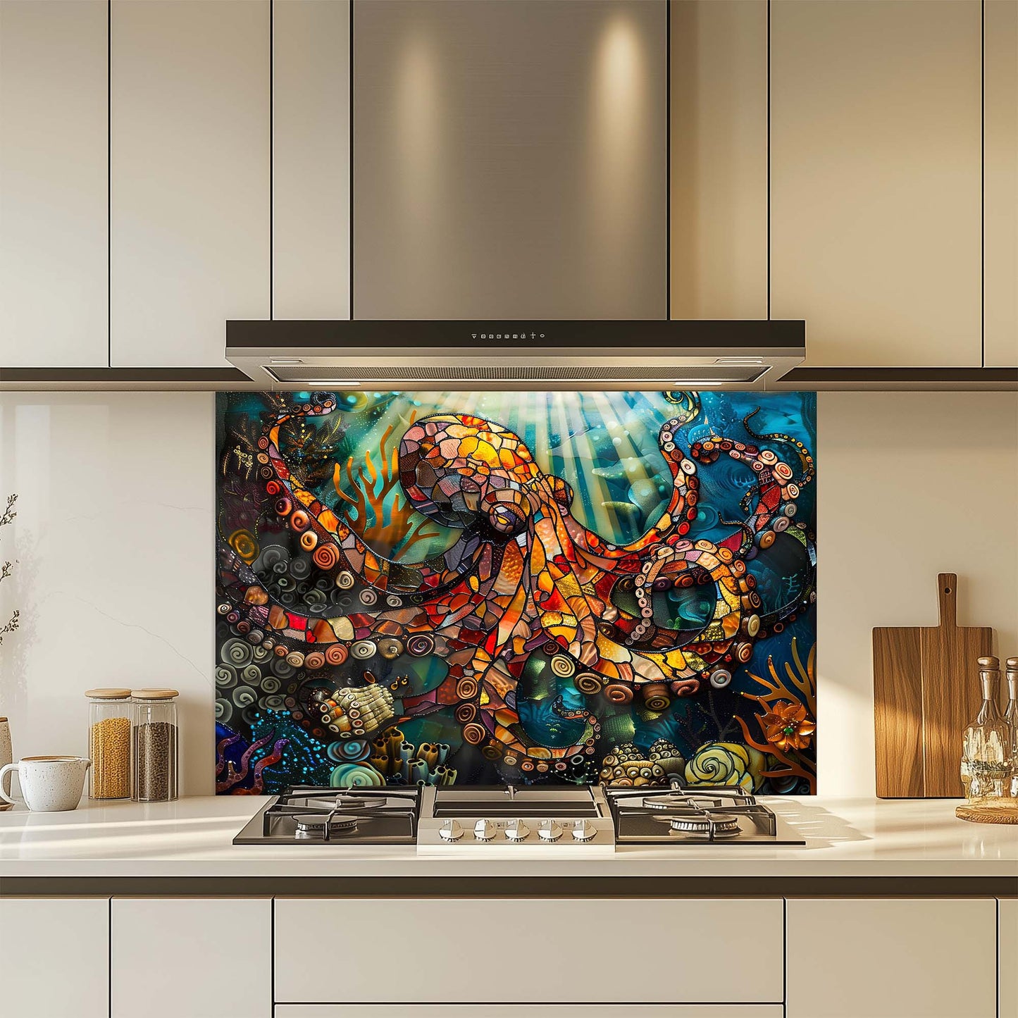 Colorful abstract design on a kitchen glass backsplash with modern cabinets and appliances.