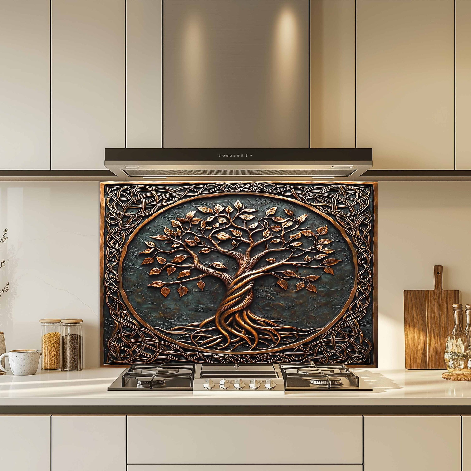 Kitchen backsplash with tree design above a kitchen stove