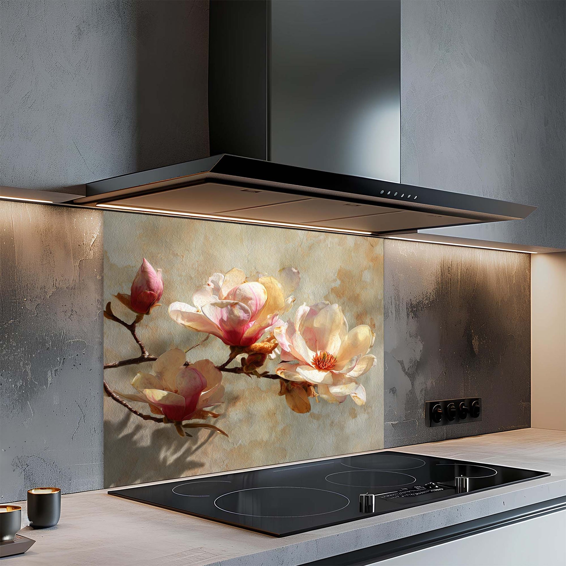 Modern kitchen with a floral glass splashback above a stove.