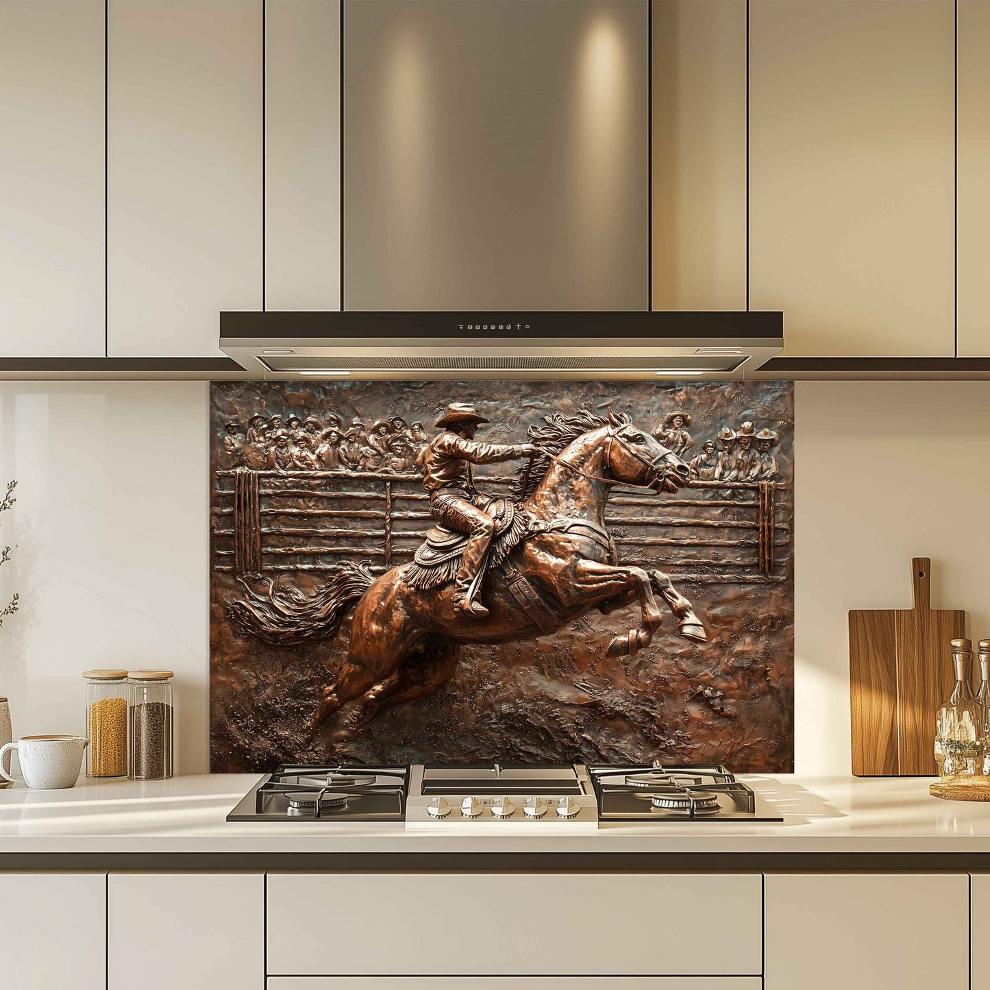 Bronze look backsplash of a cowboy on a horse in a modern kitchen.