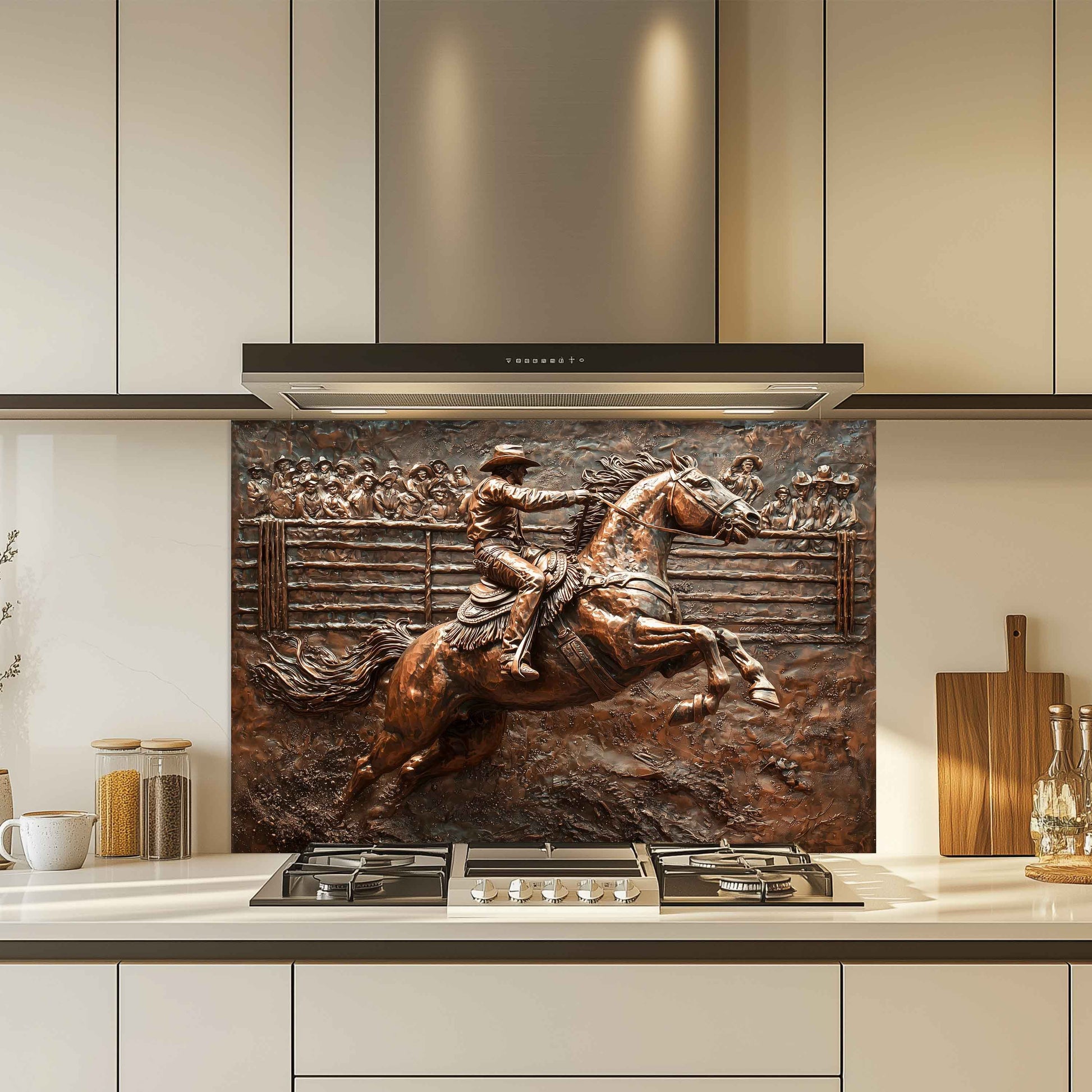 Bronze look backsplash of a cowboy on a horse in a modern kitchen.