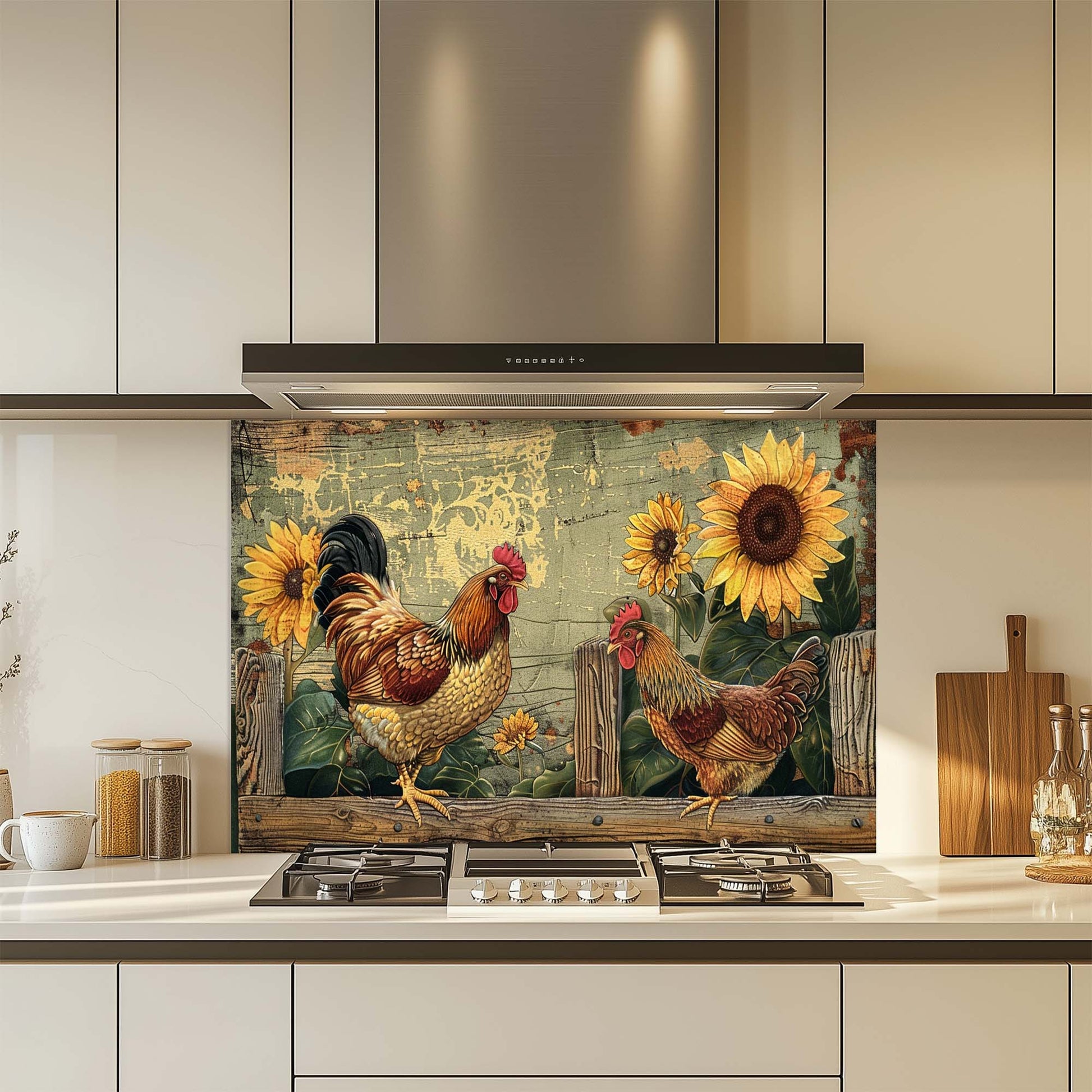 Kitchen with a decorative backsplash featuring roosters and sunflowers.