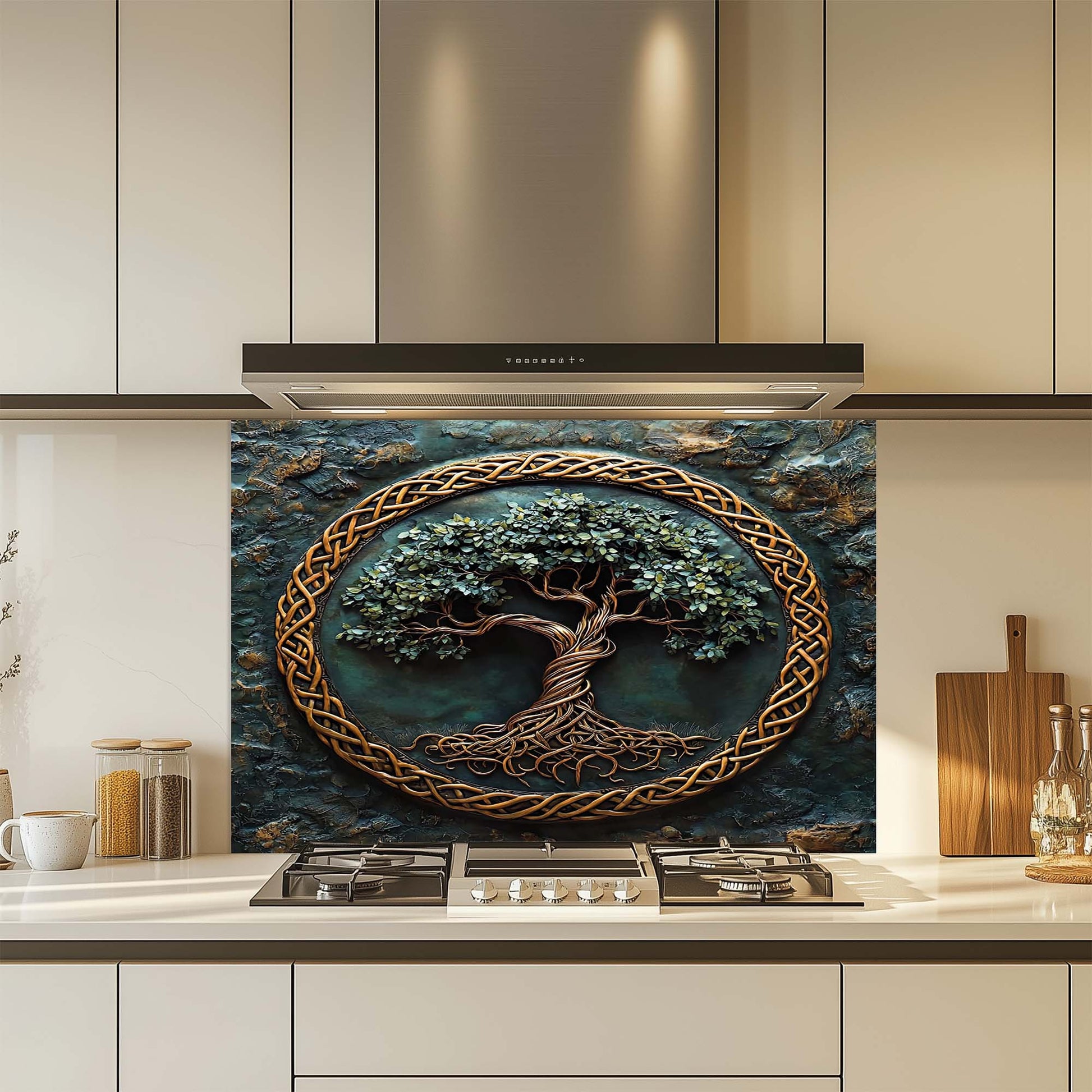Decorative glass backsplash with a tree design over a kitchen stove