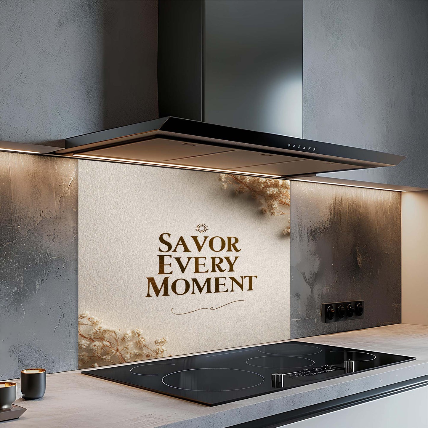 Modern kitchen with a stove and decorative glass backsplash featuring 'Savor Every Moment'.
