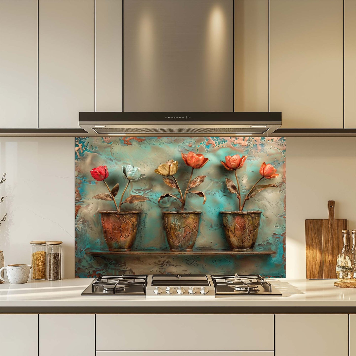 Kitchen with a decorative glass backsplash featuring floral designs.
