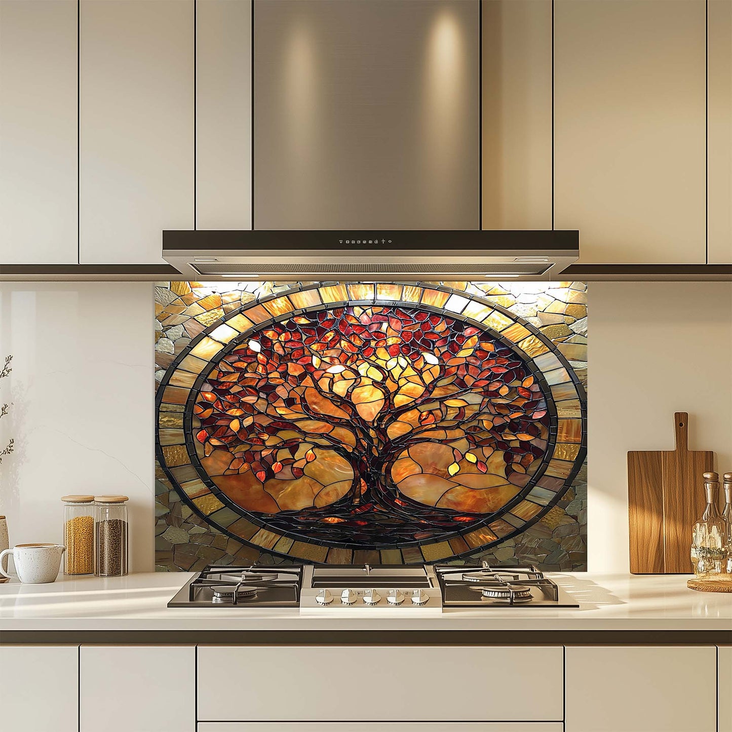 Kitchen with a decorative glass splashback featuring a tree design.