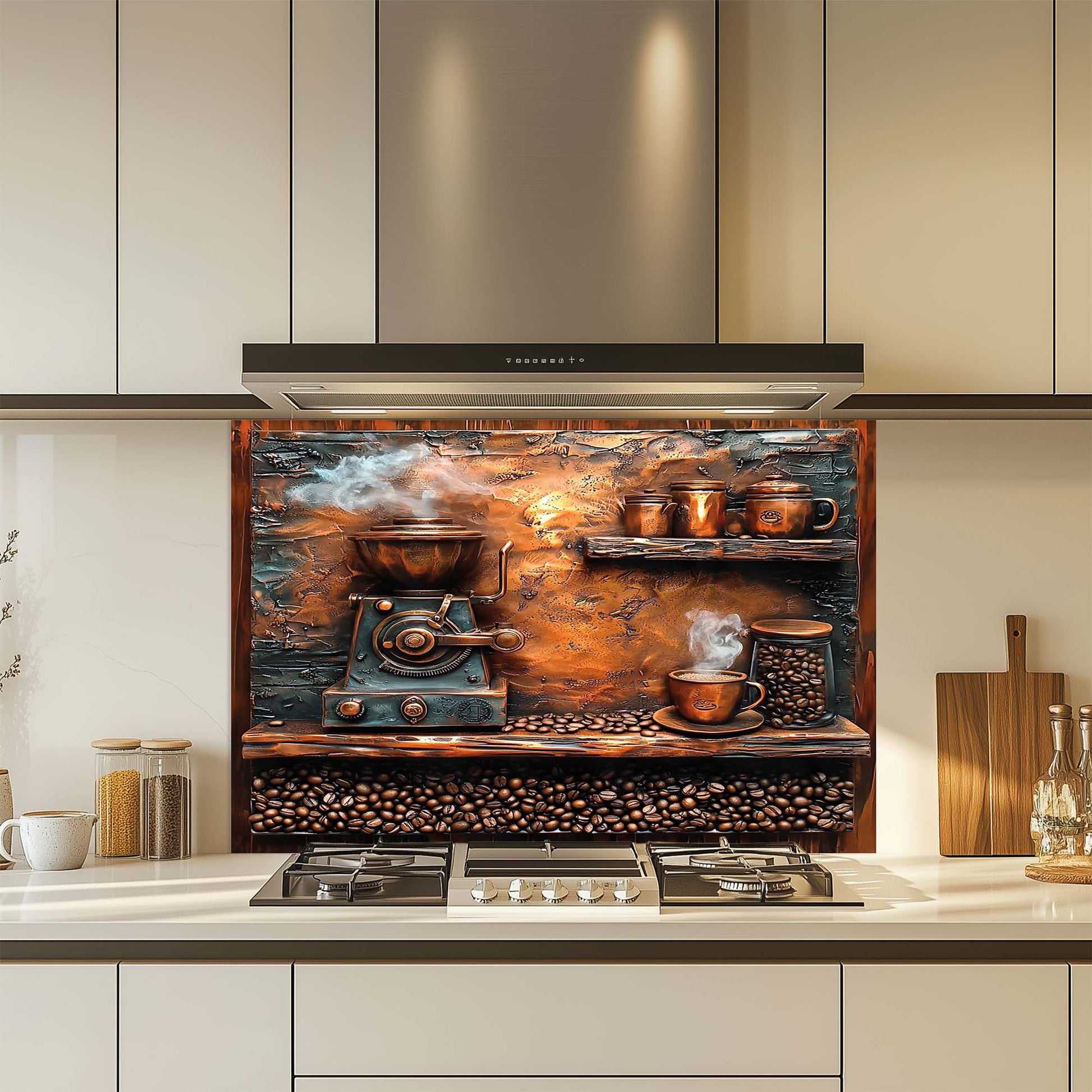 Decorative glass splashback with coffee-themed design in a kitchen.