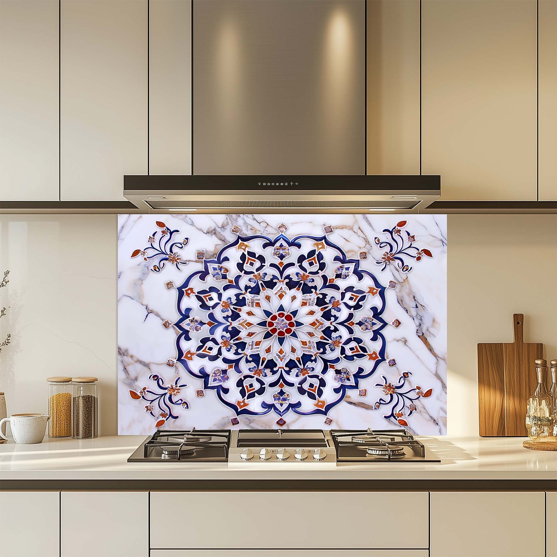 Decorative glass splashback with mandala design in a kitchen setting