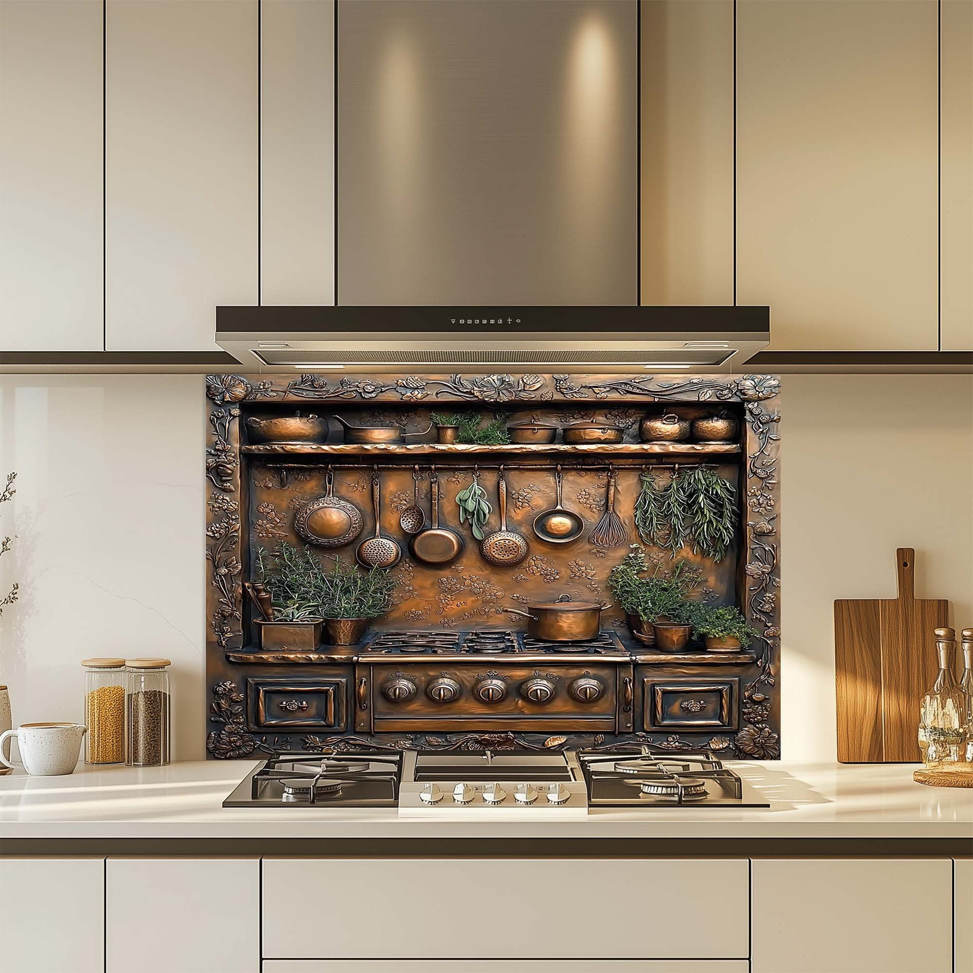 Decorative glass backsplash with pots and pans in a modern kitchen