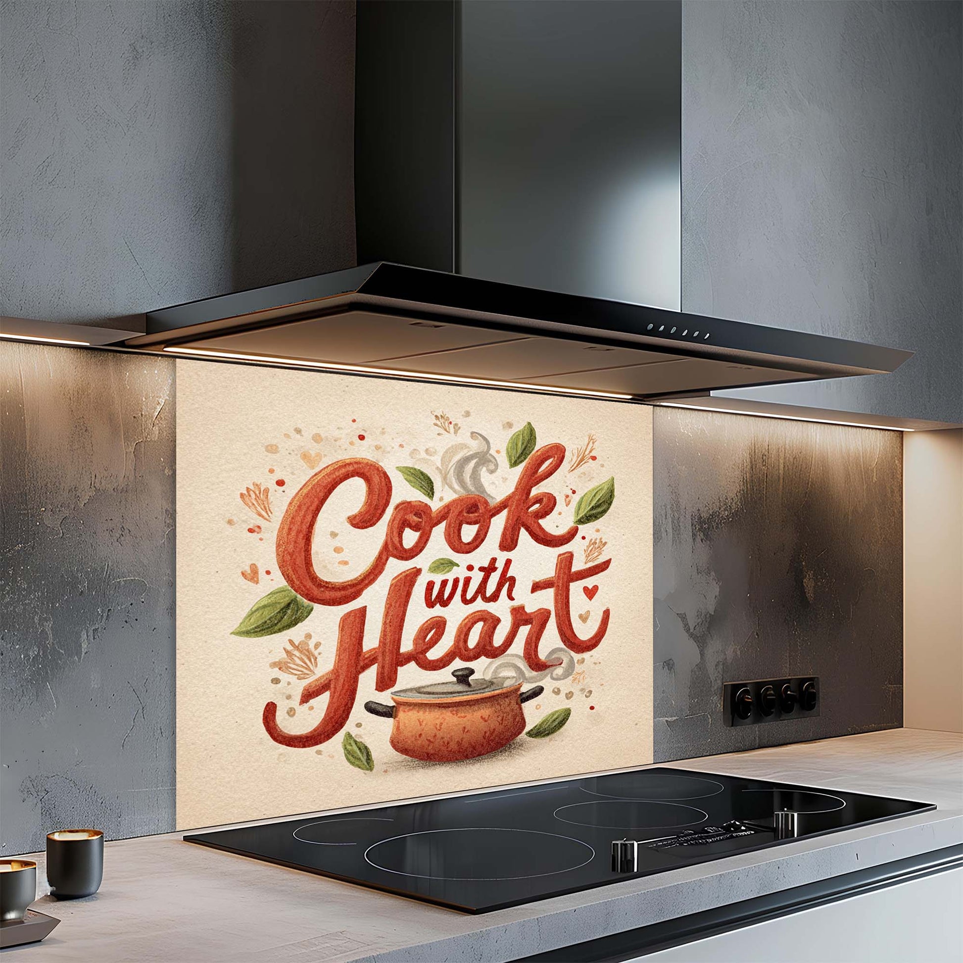 Kitchen with a decorative backsplash featuring the text 'Cook with Heart' and a pot illustration.