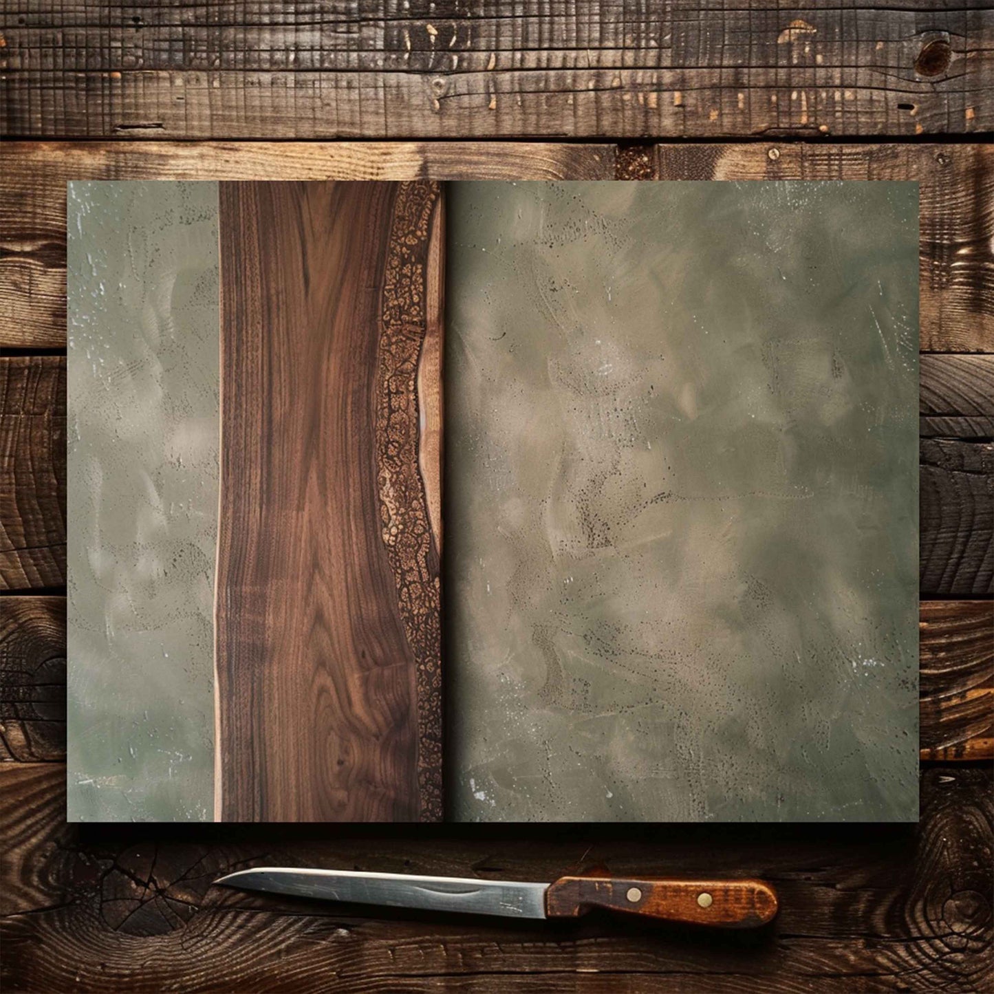 Glass cutting board with a wooden knife on a rustic wooden surface