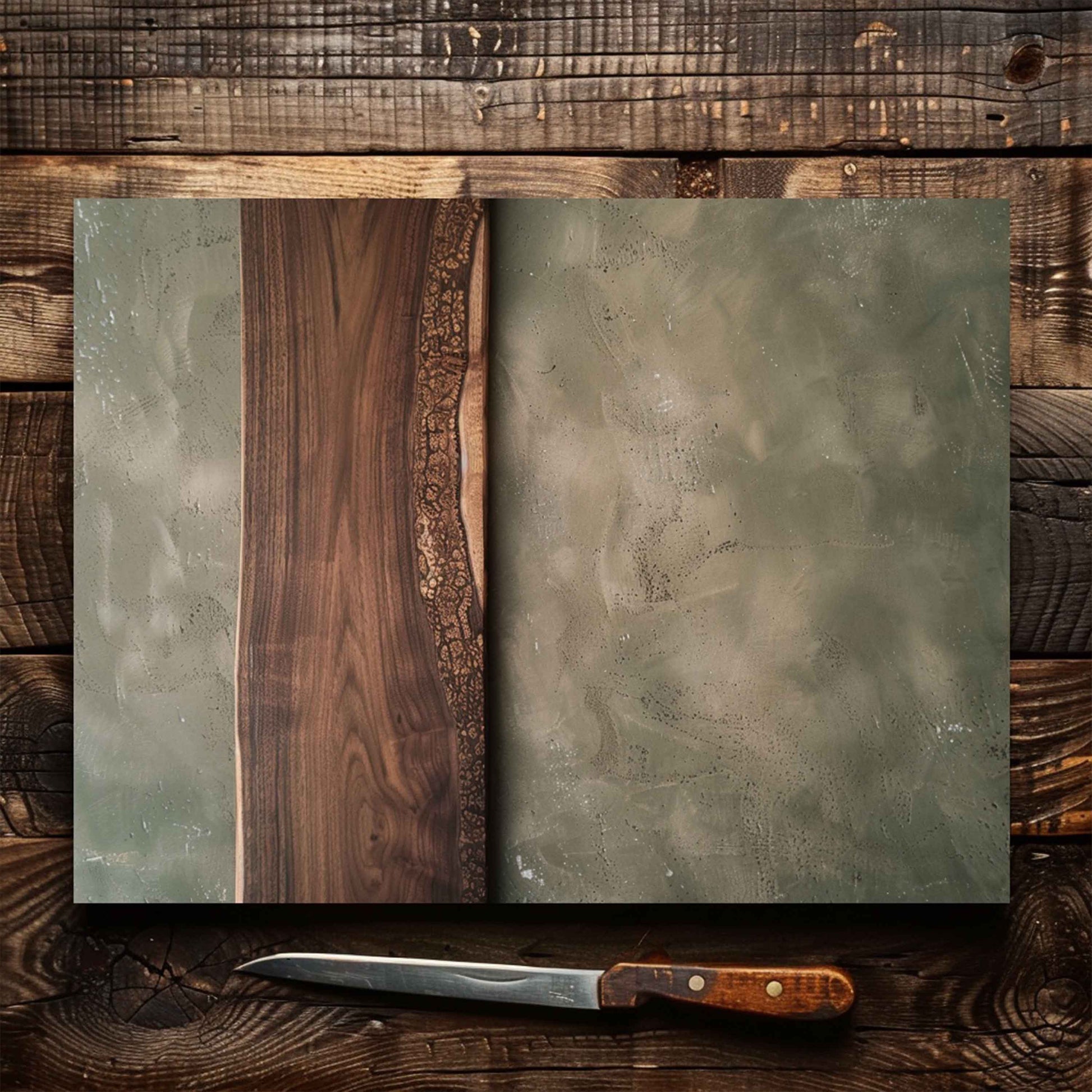 Glass cutting board with a wooden knife on a rustic wooden surface