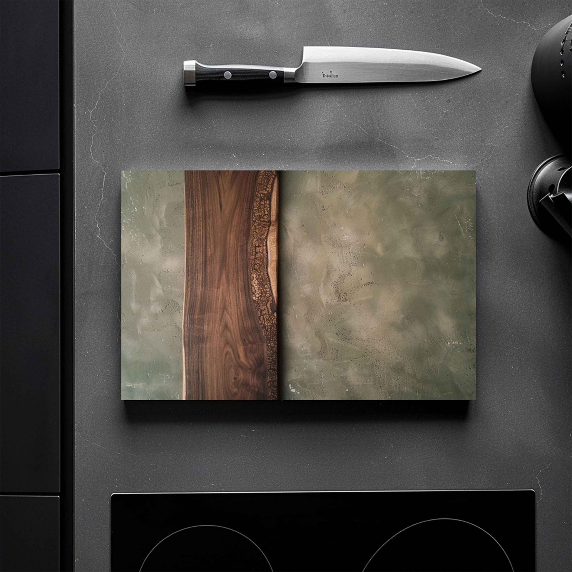 Glass cutting board and knife in modern kitchen
