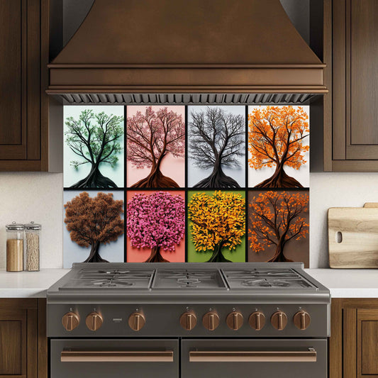 Stainless steel stove with decorative backsplash featuring nine tree illustrations in various colors.
