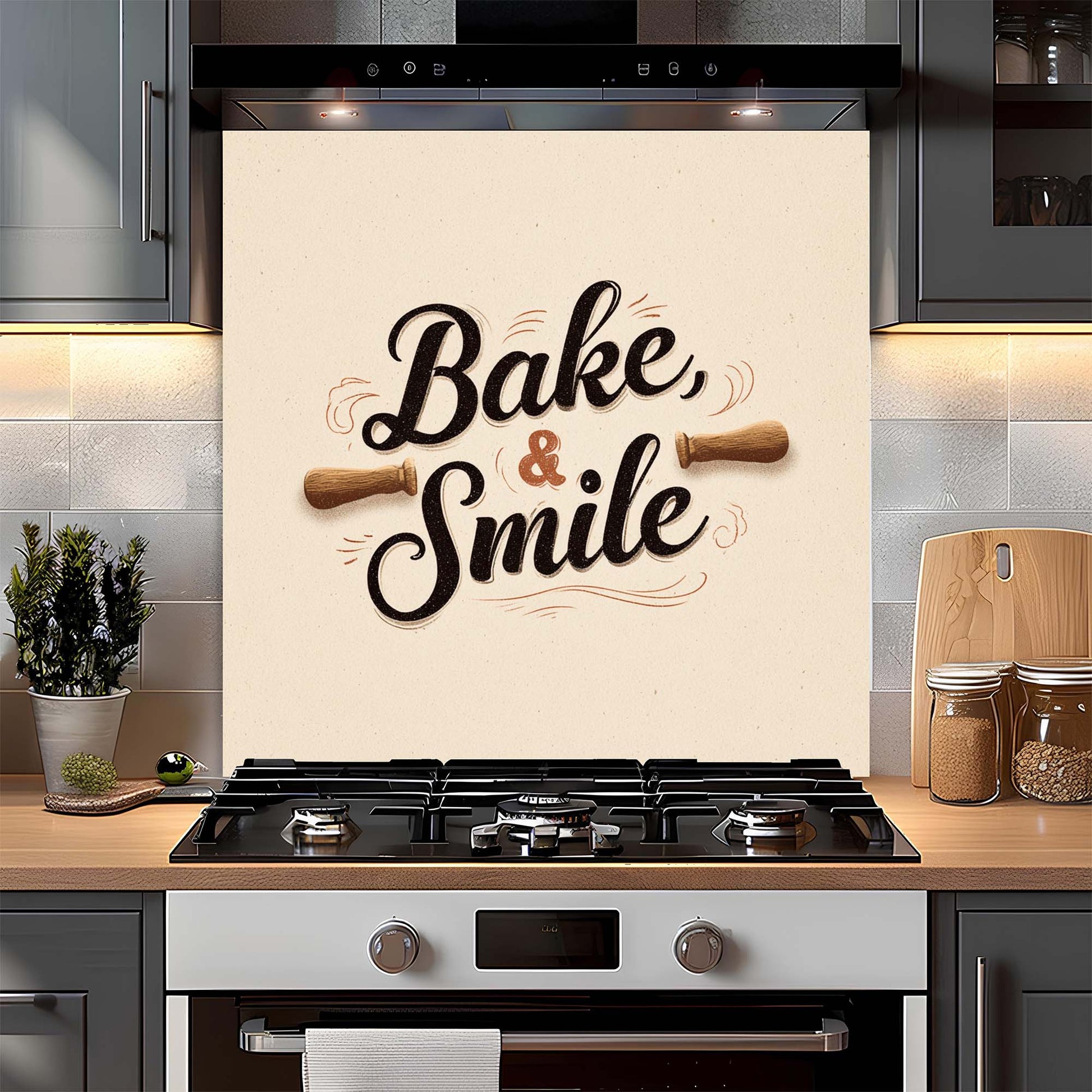 Kitchen with a decorative glass backsplash featuring 'Bake & Smile' text.