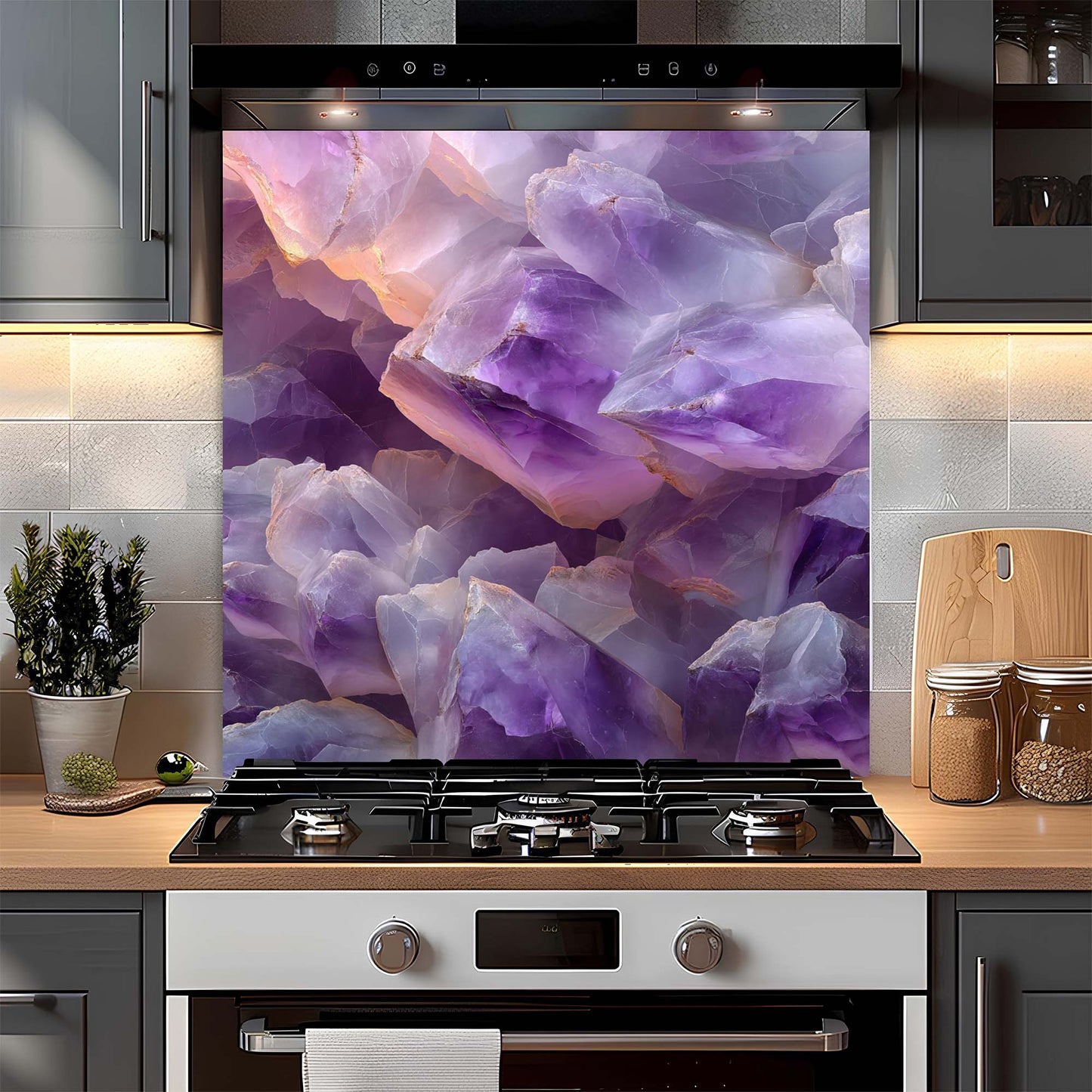 Kitchen with a decorative purple crystal design on a backsplash above a stove.