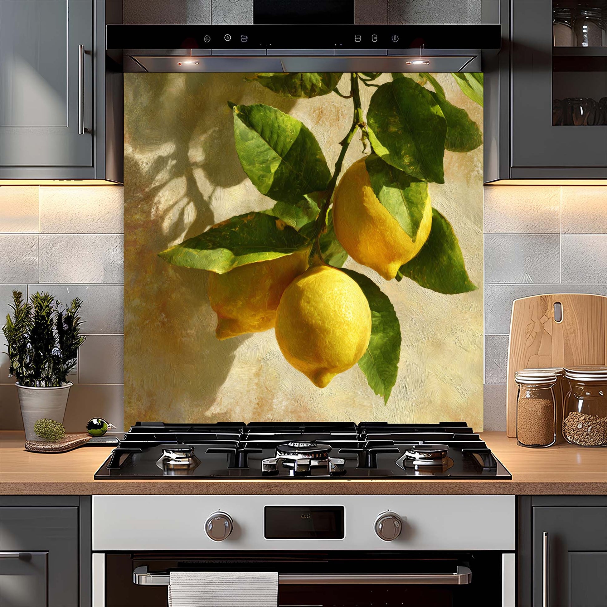 Kitchen with a decorative glass backsplash featuring lemons and leaves
