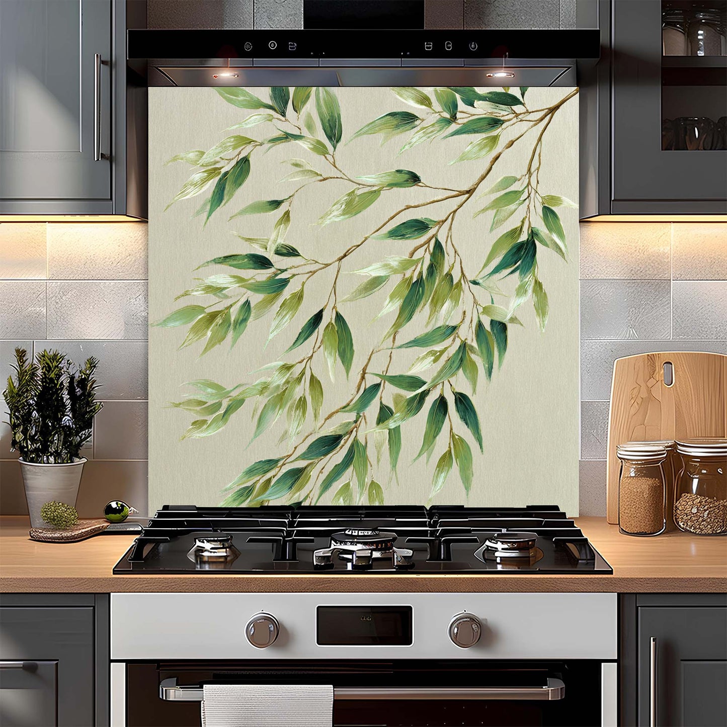 Kitchen stove with a decorative backsplash featuring green leaves and branches.