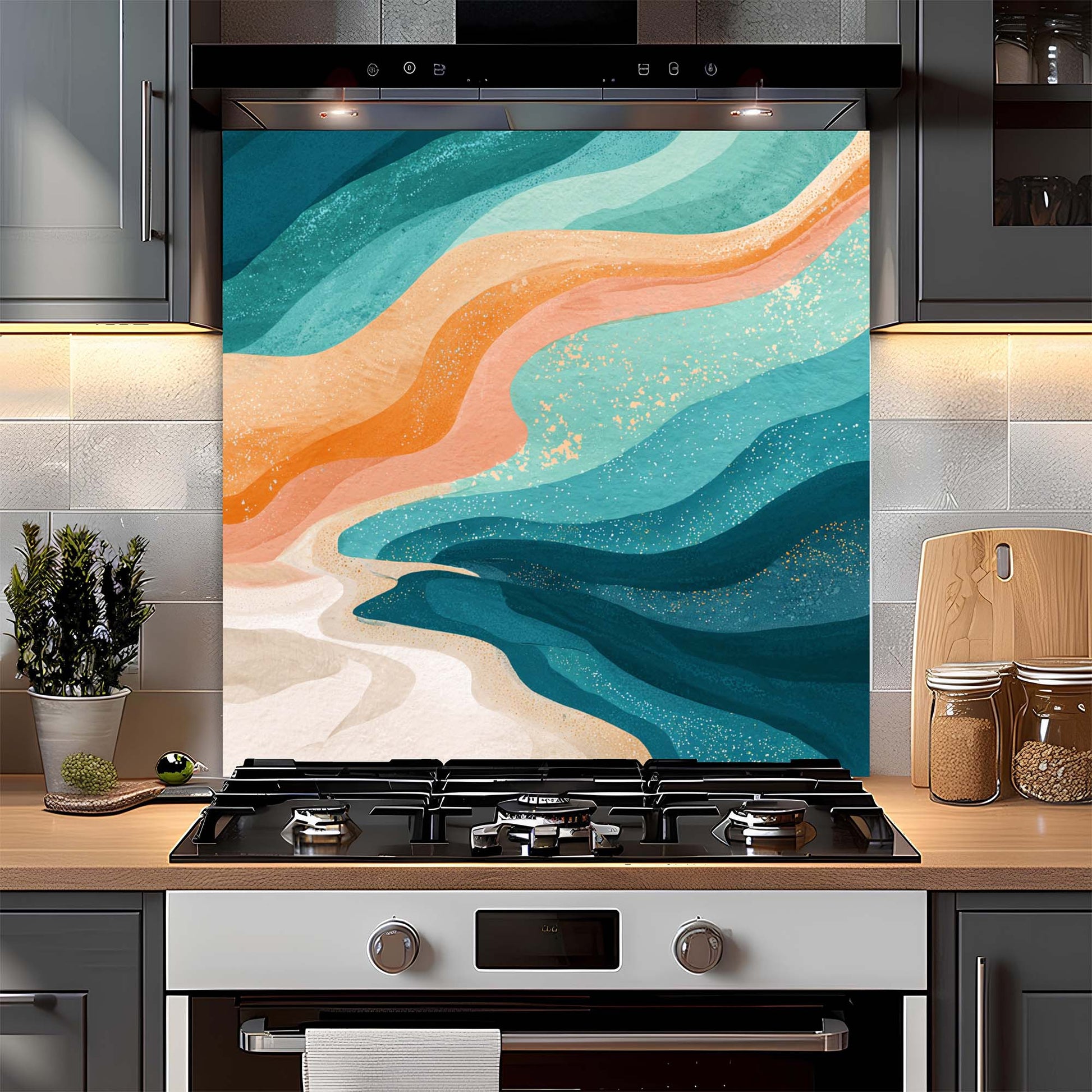 Kitchen with a colorful abstract design on a glass backsplash above a stove.