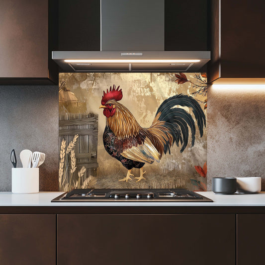 Kitchen with a decorative backsplash featuring a rooster design.